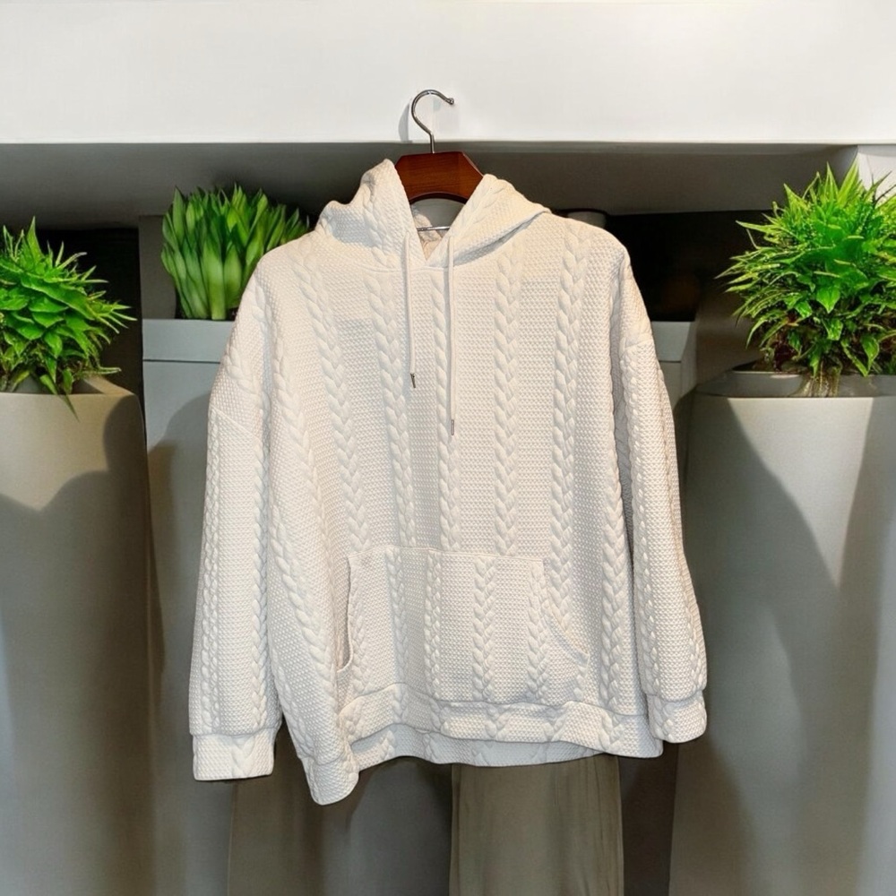 Cozy White Cable Knit Hoodie Sweatshirt